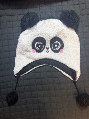 Cute Panda Earflap Beanie Hat - White and Black with Pink Cheeks
